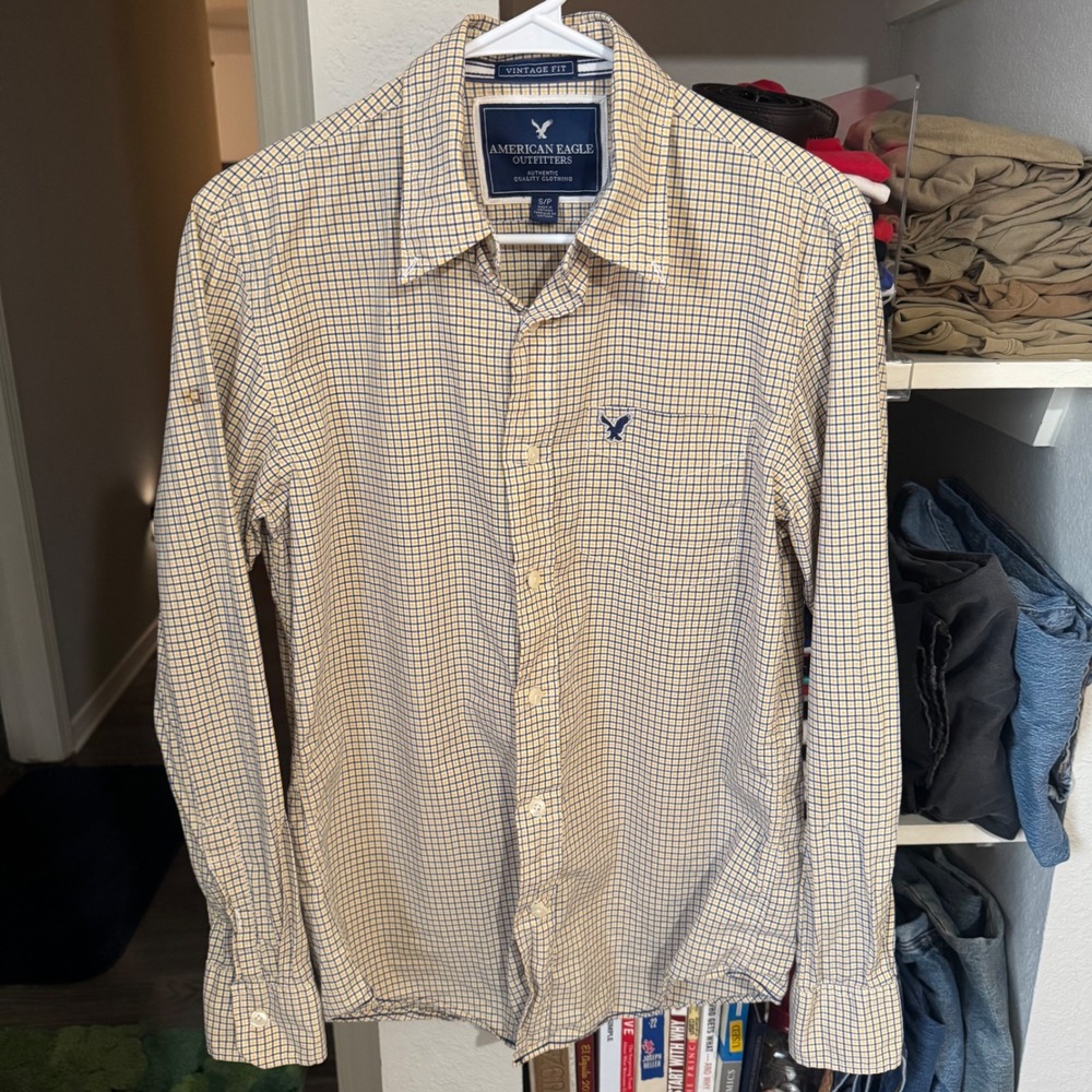 Vintage Y2K American Eagle Outfitters Plaid Button Down Shirt Yellow Navy Small